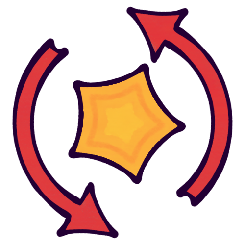 An orange, stylized, five-pointed star, tilted slightly, encircled by two red arrows going in a counterclockwise circle.